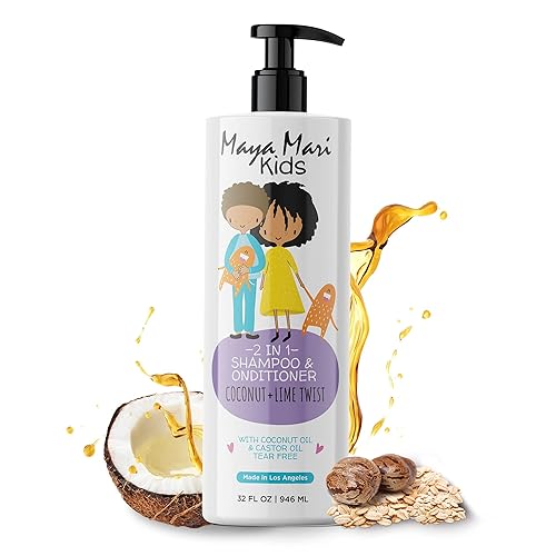 MAYA MARI - Champú y acondicionador 2 en 1 para niños con aceite de coco y aceite de ricino, cremoso coco y lima Twist, sin lágrimas, 32 onzas