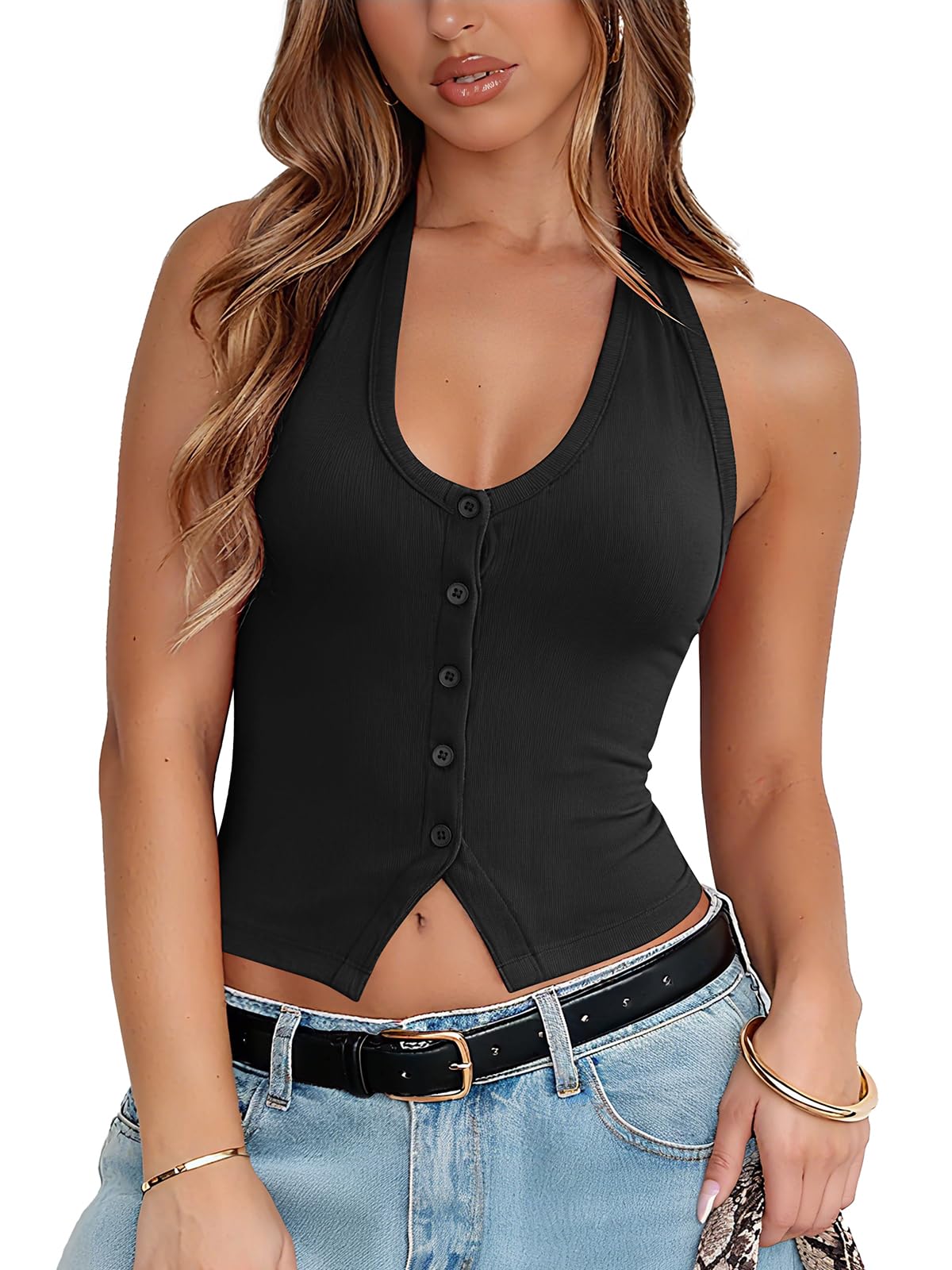 Women's Halter Tank Top Ribbed Button Down V Neck Backless Slim Fit Vest Shirts Sexy Crop Going Out Tops