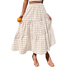 ebossy Womens Candy Color Slim Fit Elastic High Waist Plaid Gingham Tiered Flowy Boho Maxi Skirts with Pockets