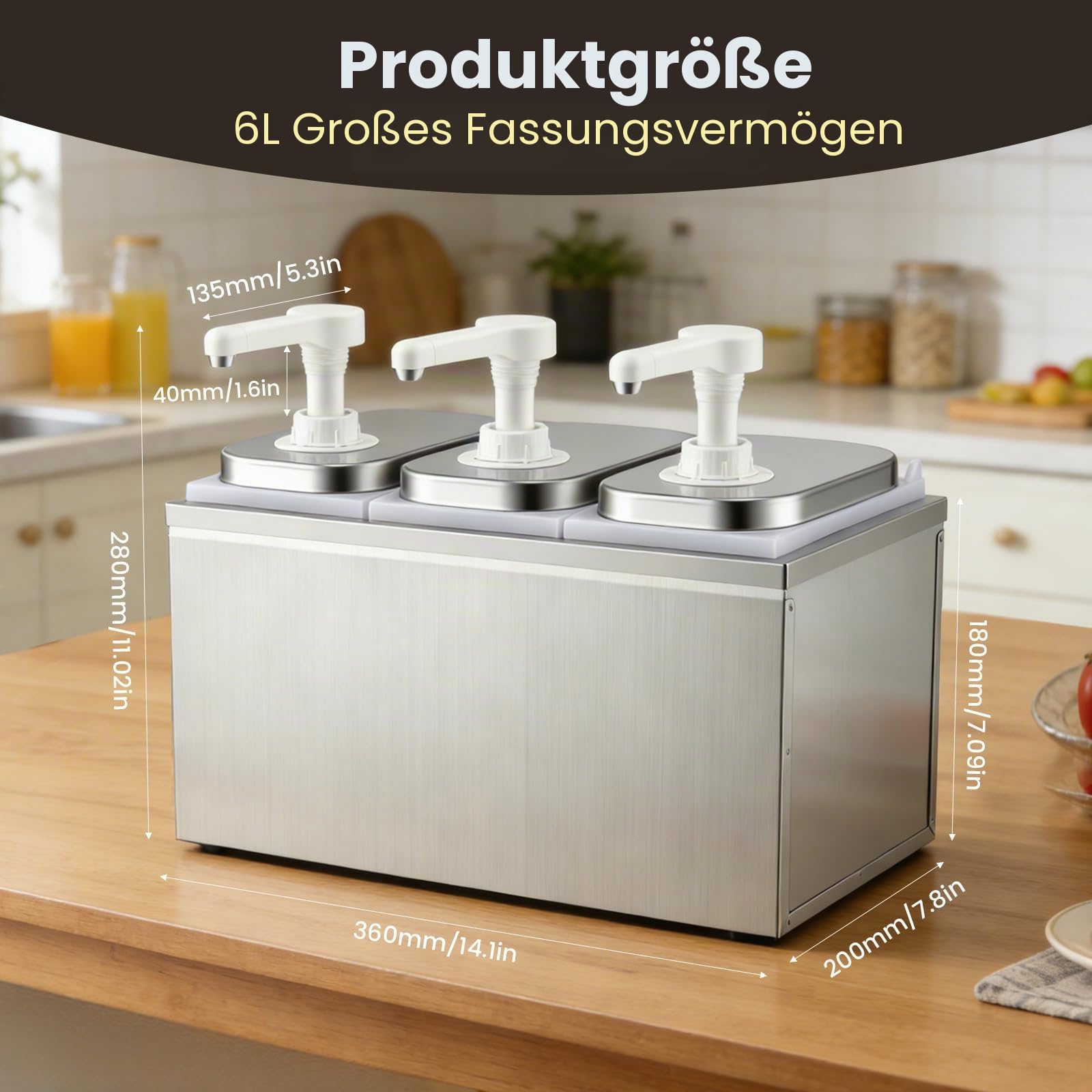 6L Saucenspender Pumpstation mit 3 Pumpköpfen Edelstahl Ketchupspender Tropffrei Lebensmittelecht Für Ketchup Mayonnaise Senf Honig Saucen 3x2L Gastro Soßenspender