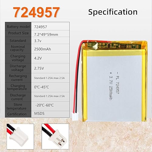 Miniatura 4 de YDL Batería recargable de iones de polímero de litio de 3.7V 2500mAh 724957 Lipo con conector PH2.0.000 in JST