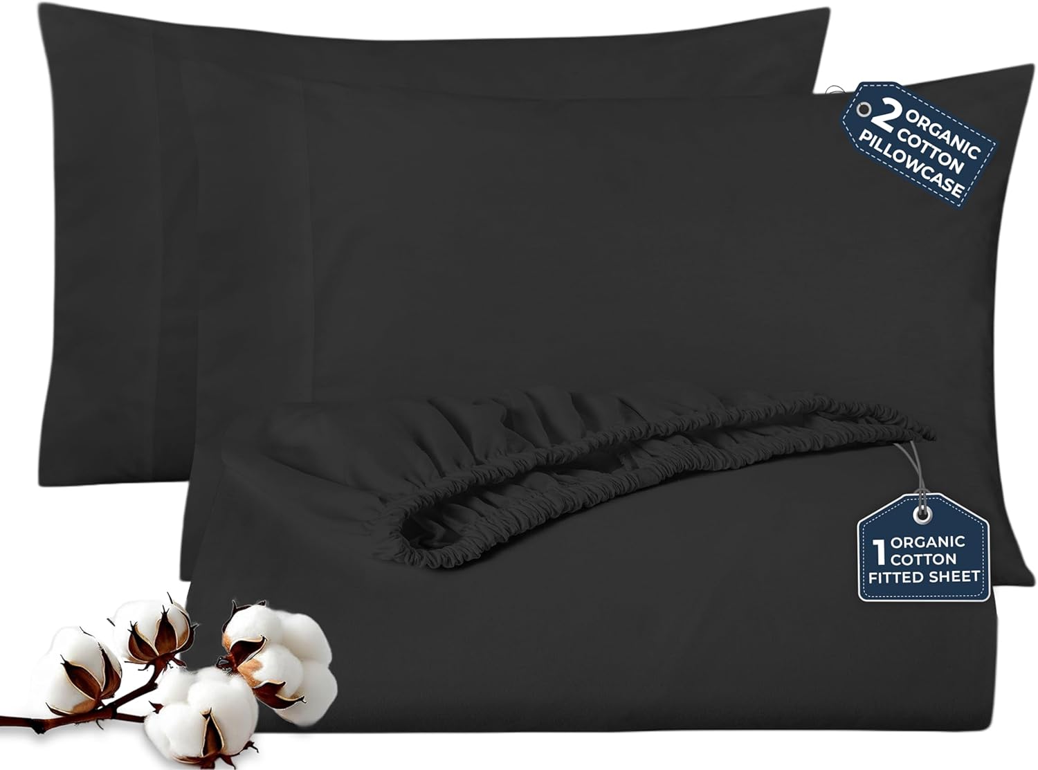 ROYALE LINENS Fitted Sheet with Pillowcases - Full Fitted Sheets with 2 Pillowcases - 300 Thread Count 100% Organic Cotton - Fits Mattress Up to 18" Deep - Soft & Breathable - Black (No Flat Sheet)
