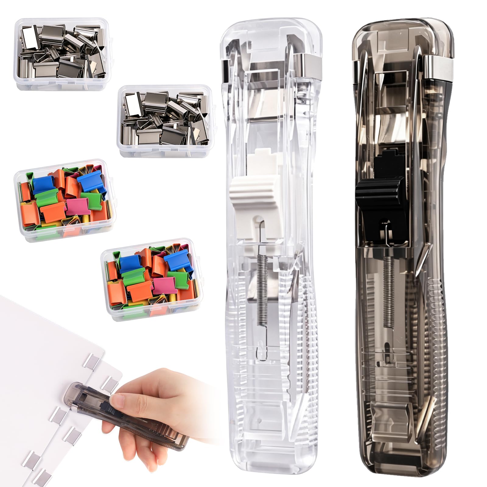 Klammerspender Set mit 2 Stück Pusher & 200 Clips, Reusable Creative Stapler, Neue 2026 Edition Mini Push Hefter für Dokumente, Wiederverwendbare Heftklammern für Schule, Büro & Home