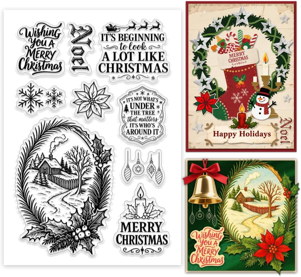 1 Sheet Clear Stamp, 9 Styles Winter Snowflake Candles Transparent Rubber Stamps Reusable Silicone Clear Stamp Seals for Card Making Scrapbooking Embossing Album Christmas Decor
