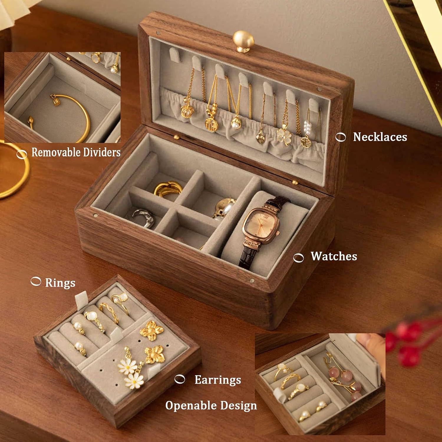 Black Walnut Jewelry Box - Vintage Magnetic Trinket Storage Case, Velvet-Lined with 2 Layers & Built-in Necklace Hooks, Ideal for Organizing Accessories and Gifts image 3