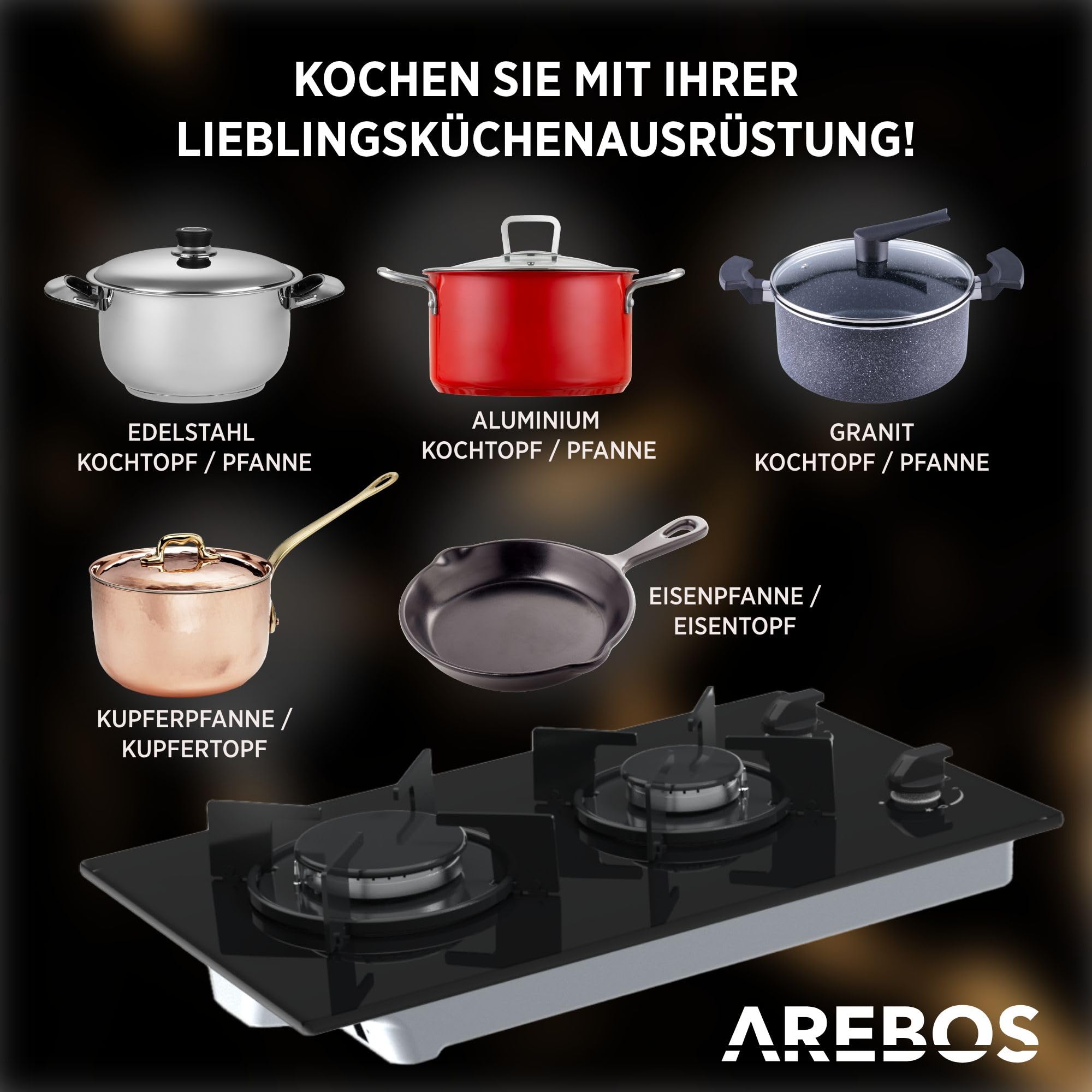 Arebos Gaskochfeld 30cm 2 Brenner | Gasherd aus gehärtetem Glas | Einbaukochfeld mit Gusseisen-Topfträgern | Erdgas & Propangas | Gaskocher mit integrierte Zündsicherung