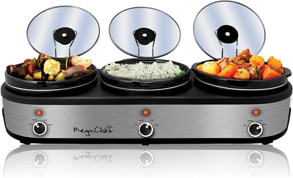 MegaChef Warmer Elite 2.5 Quart Slow Cooker and Buffet Server in Brushed Silver and Black Finish with 3 Ceramic Cooking Pots and Removable Lid Rests