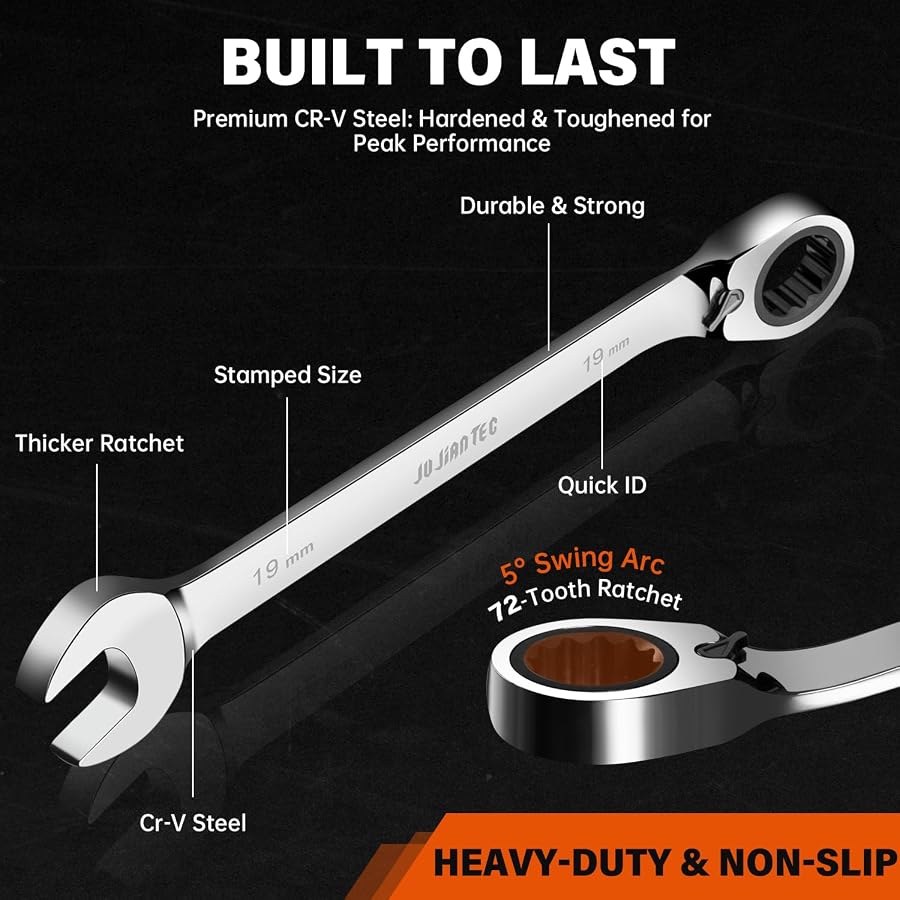 JUJIAN TEC 9-Piece Metric Ratcheting Combination Wrench Set | 72-Tooth Reversible Ratchet, Cr-V Steel, 8-19mm, Roll-Up Pouch, image 2