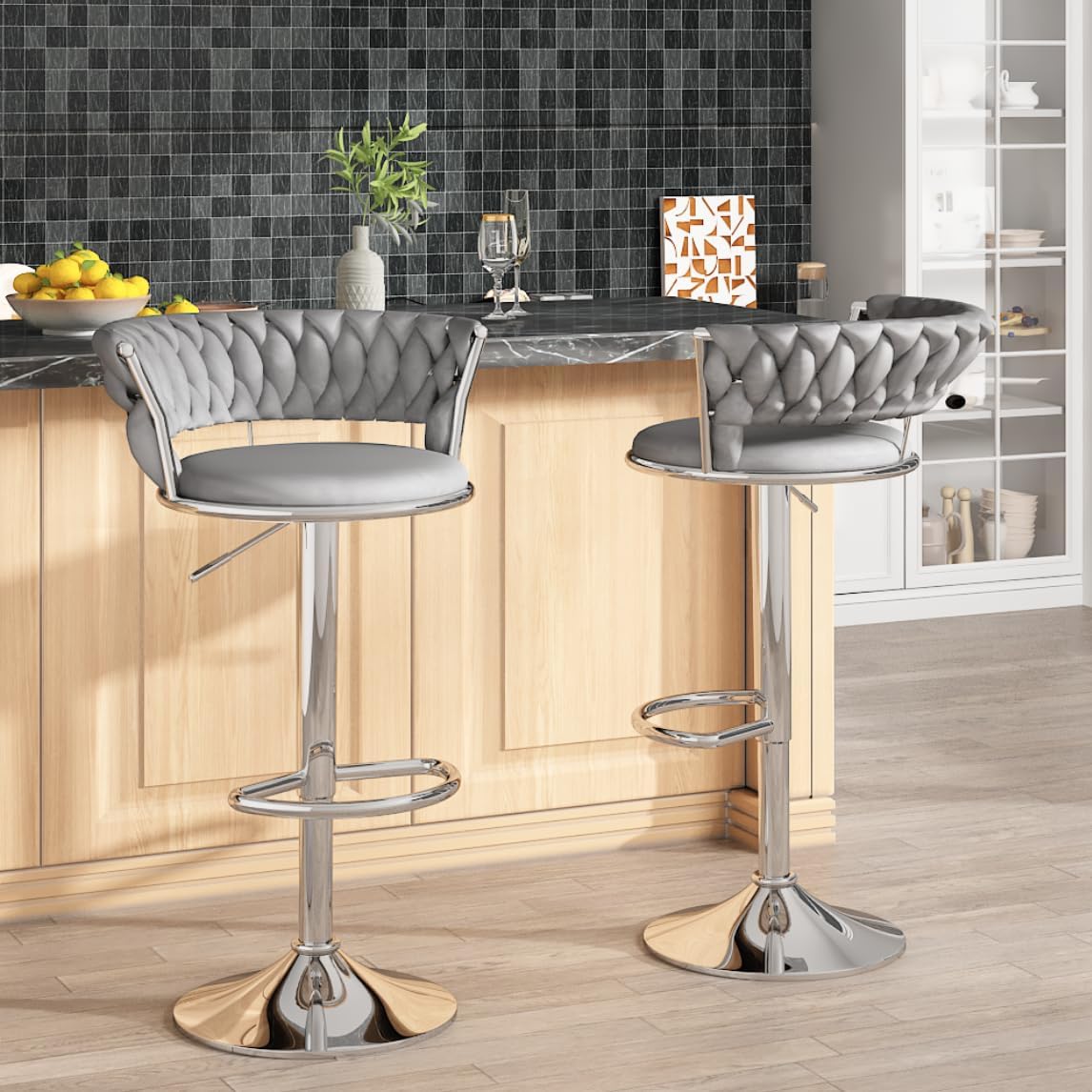 AWQM Grey Velvet Bar Stools Set of 2 – Adjustable Height Swivel Kitchen Stools with Low Back for Dining Room, Breakfast Bar, Home Decor, and Entertaining Guests