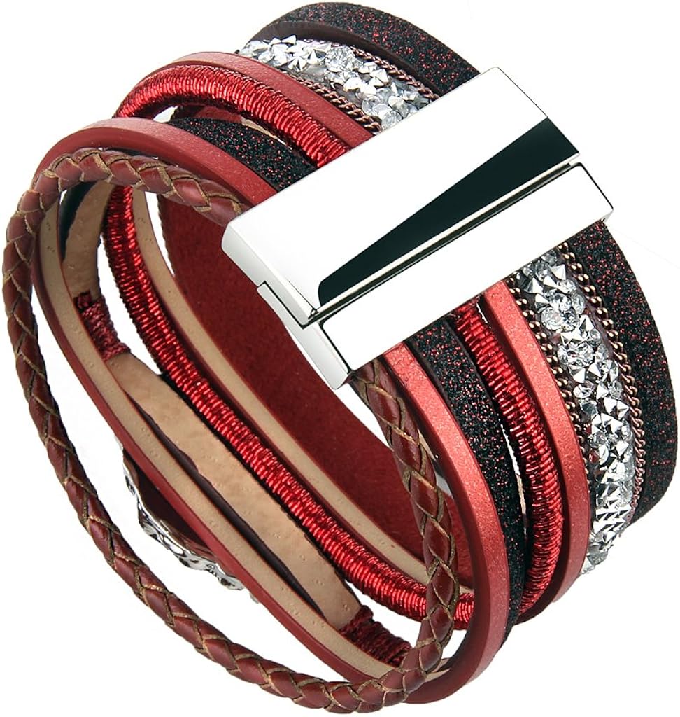 COOLLA Braided Wrap Bracelet Agate Stone Crystal Leather Cuff Bangle Women Bracelet (Red leather bracelet): Clothing, Shoes & Jewelry