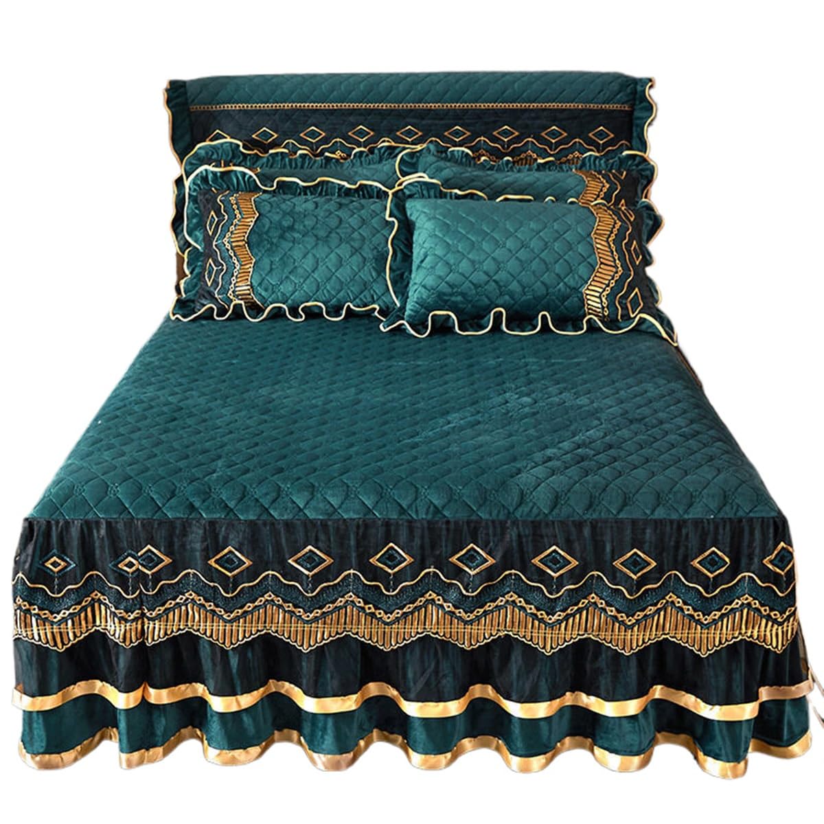 TRQQWEQQ Crystal Velvet Lace Ruffle Skirt Bedspread Set King Super/Size Quilted Bed Cover 3 Piece Winter Wrap Around Bedskirt Bedding With 2 Pillow Covers(Dark Green,Emperor-200x220cm)