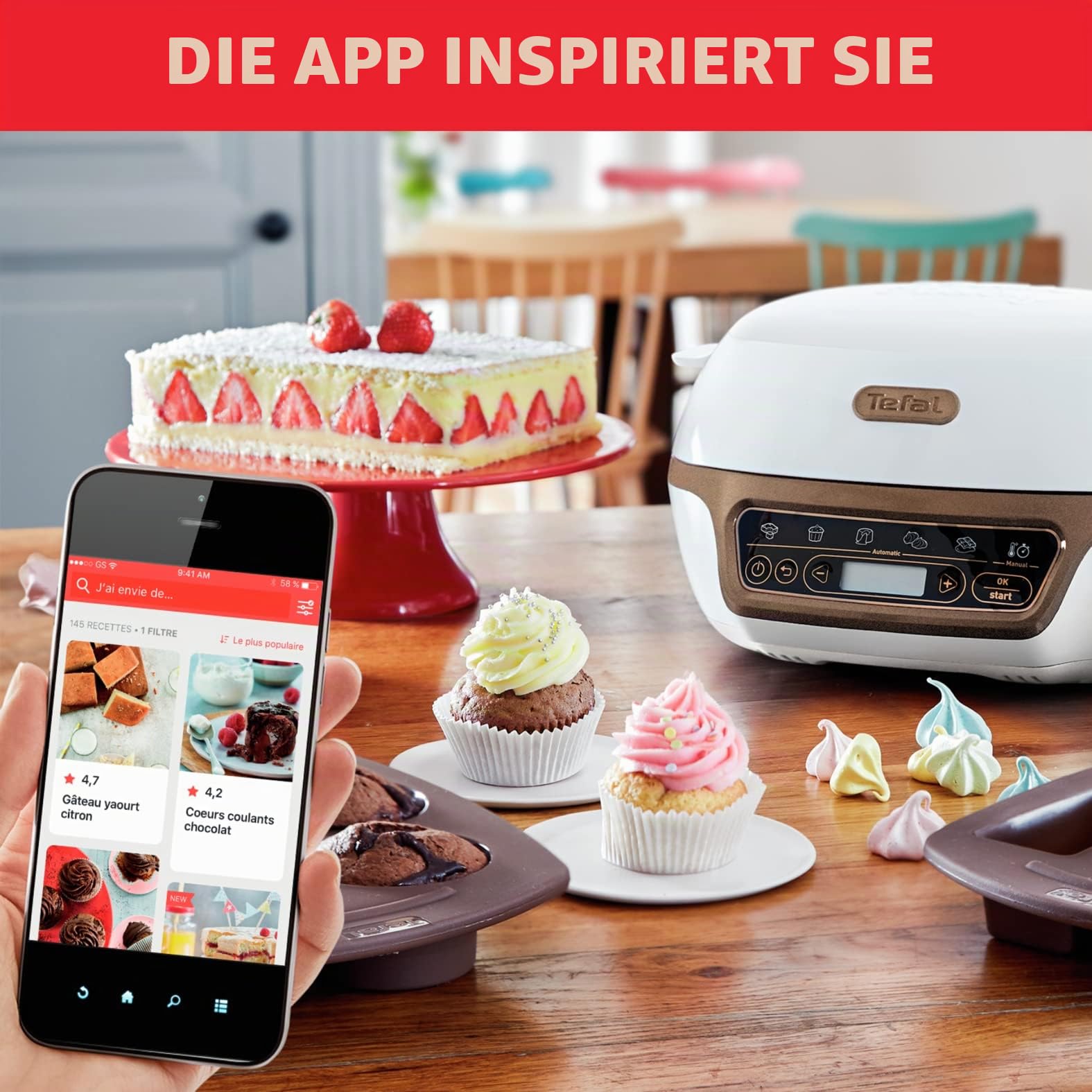 Tefal Kuchenmaschine, 5 automatische Programme zur Einstellung, 1 manueller Modus, 3 flexible Formen, 1 große Backform aus beschichtetem Stahl, kompatibel mit Crispybake, Cake Factory + KD802112