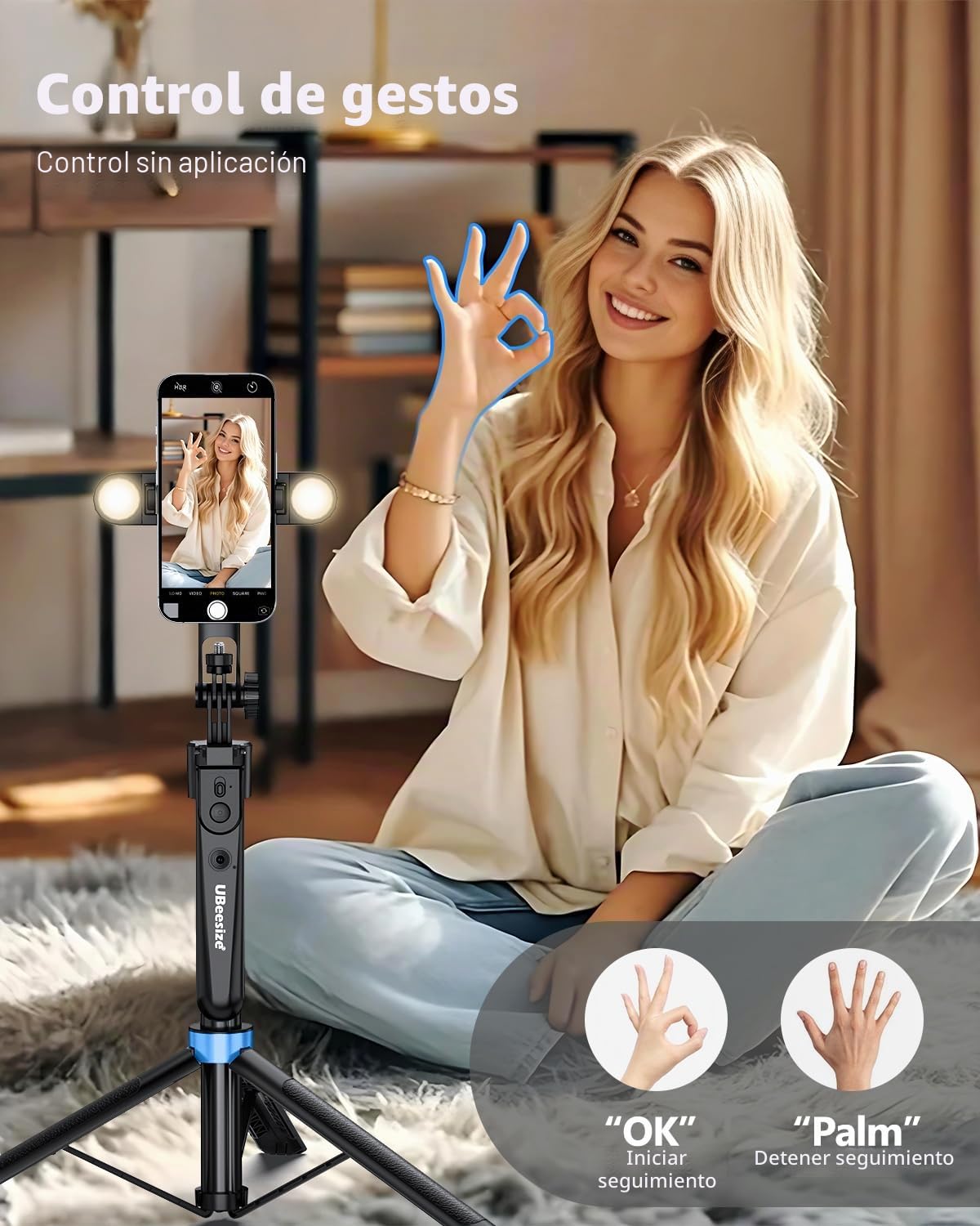 UBeesize Gimbal - Trípode para teléfono móvil con rotación 360 °, mando a distancia, reconocimiento facial automático, luz para YouTube, TikTok Live Streaming y Vlog