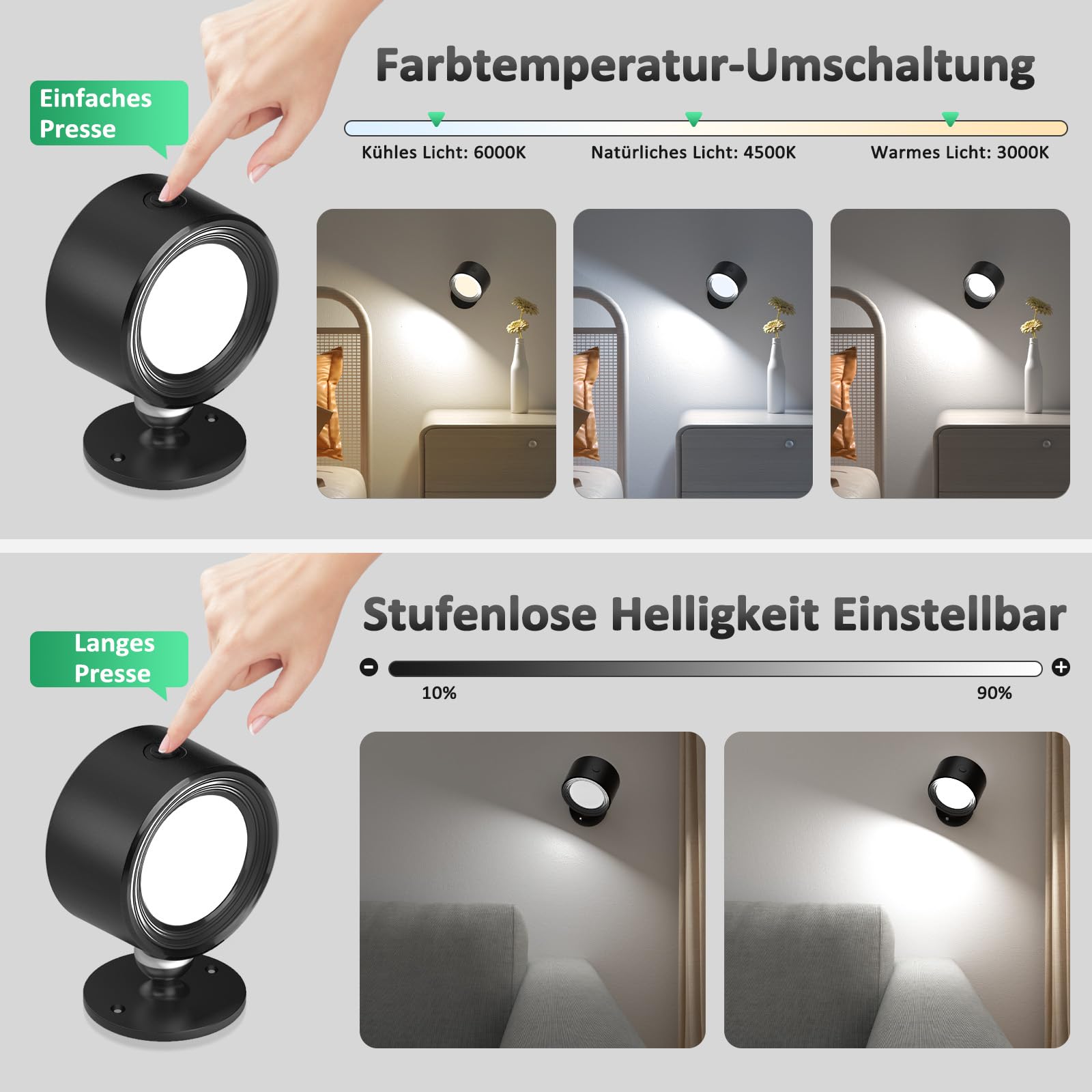 LED Wandleuchte Innen, 2 Stück Akku Wandlampe mit Fernbedienung Kabellos Leselampe, 3 Farbmodi Dimmbar Nachttischlampe Wandlicht, 360° Drehbare Aufladbare Leuchten für Treppe Wohnzimmer Schlafzimmer