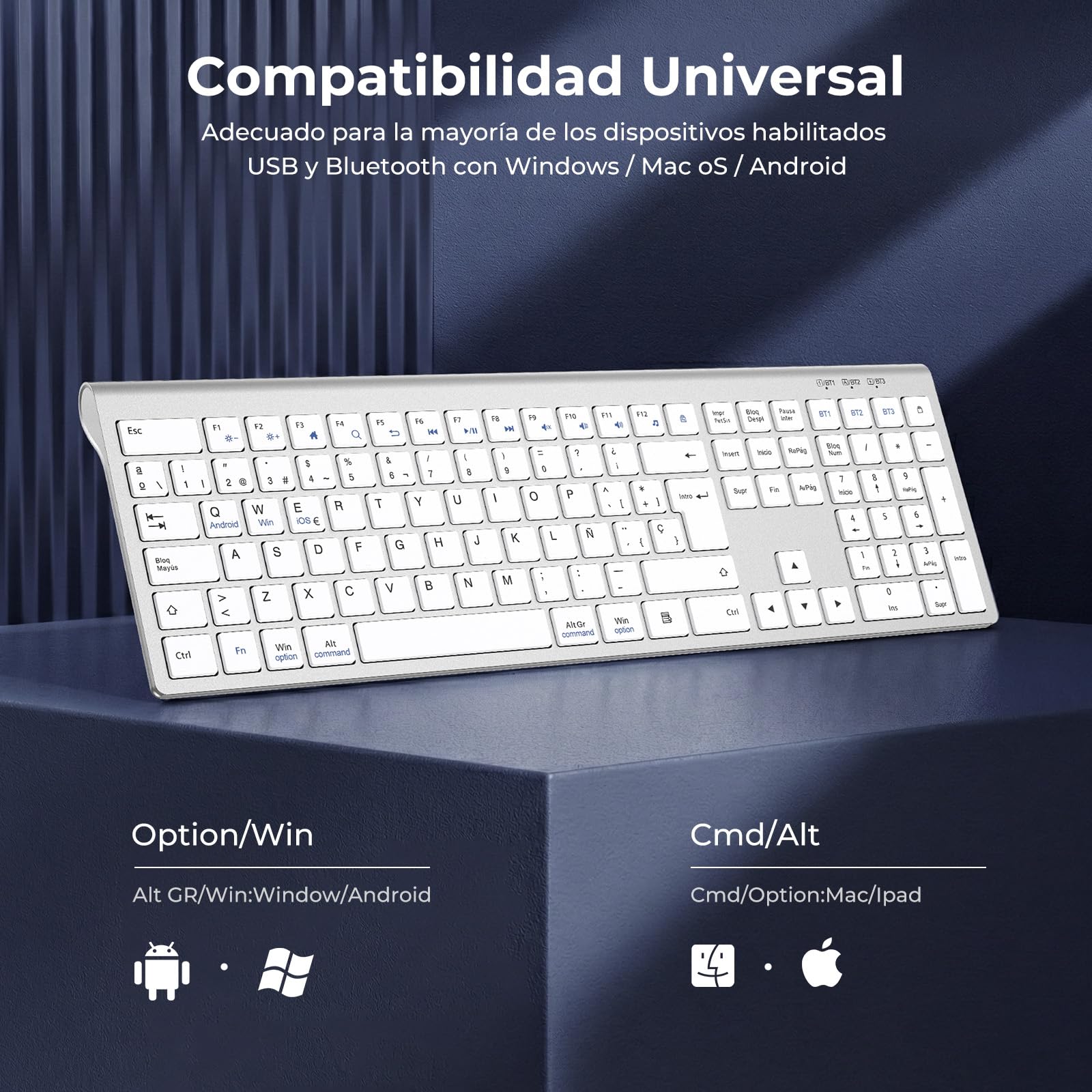cimetech Teclado Bluetooth Recargable, QWERTY Español Layout, Teclado Inalámbrico EasyTyping Teclado de diseño ergonómico, Ultrafino para Ordenador/PC/portátil/Windows 10(Plata)