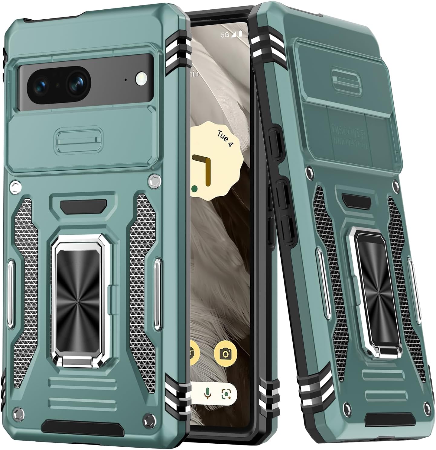 LUMARKE for Pixel 7 Case with Slide Camera Cover - Built-in Rotated Ring Kickstand - Military Grade Drop Protection - Heavy Duty Shockproof Protective Phone Case - 6.2 inch - Light Green