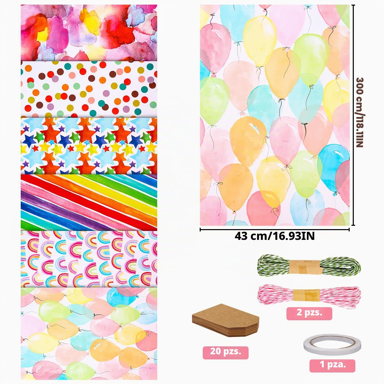 6 Rollos de Papel de Regalo 43x300cm para Navidad, Cumpleaños y Fiestas - Juego para Envolver Regalos