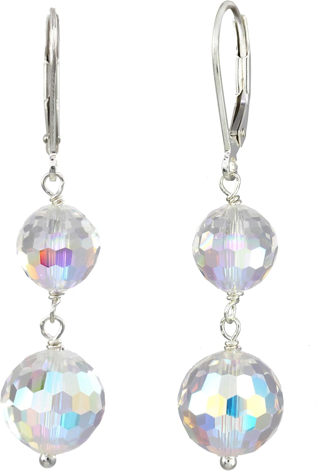 LTC Designs Austrian Crystal Aurora Borealis Round Beads Made With Sterling Silver Leverback Ear Wires for Women, Men, Unisex Adults