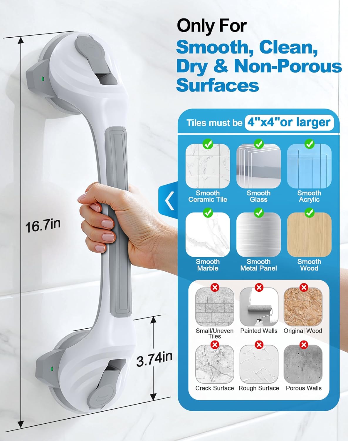 grab bars for shower and bathtubs, 16.7 inch shower handle with indicators, shower suction grab bar for shower chair stool and bathtubs, safety gifts for seniors, elderly & handicap, 2 pack white-standard