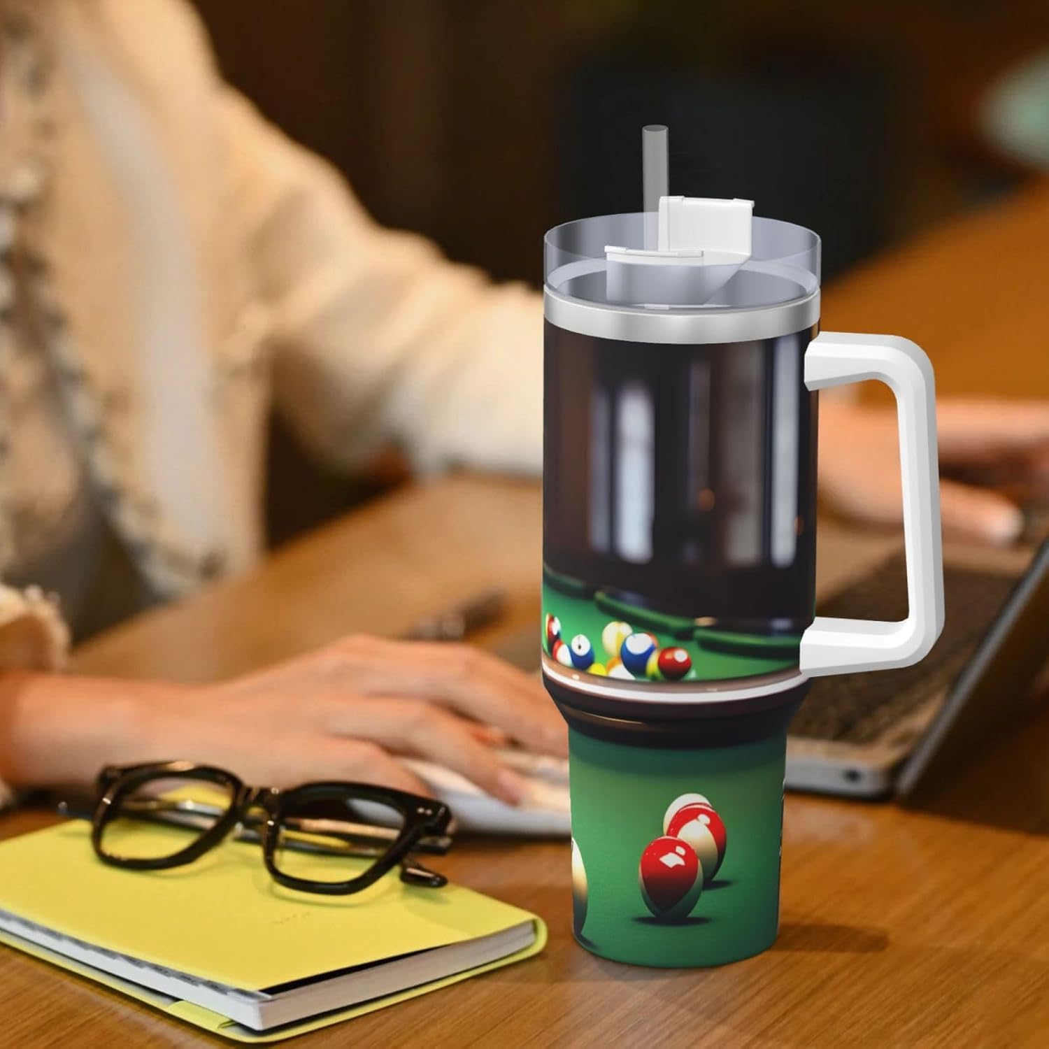 40 OZ Billiard Print Ice Bully Cup with Handle Straw Lid Straw,Stainless Steel Tumbler Coffee Cup