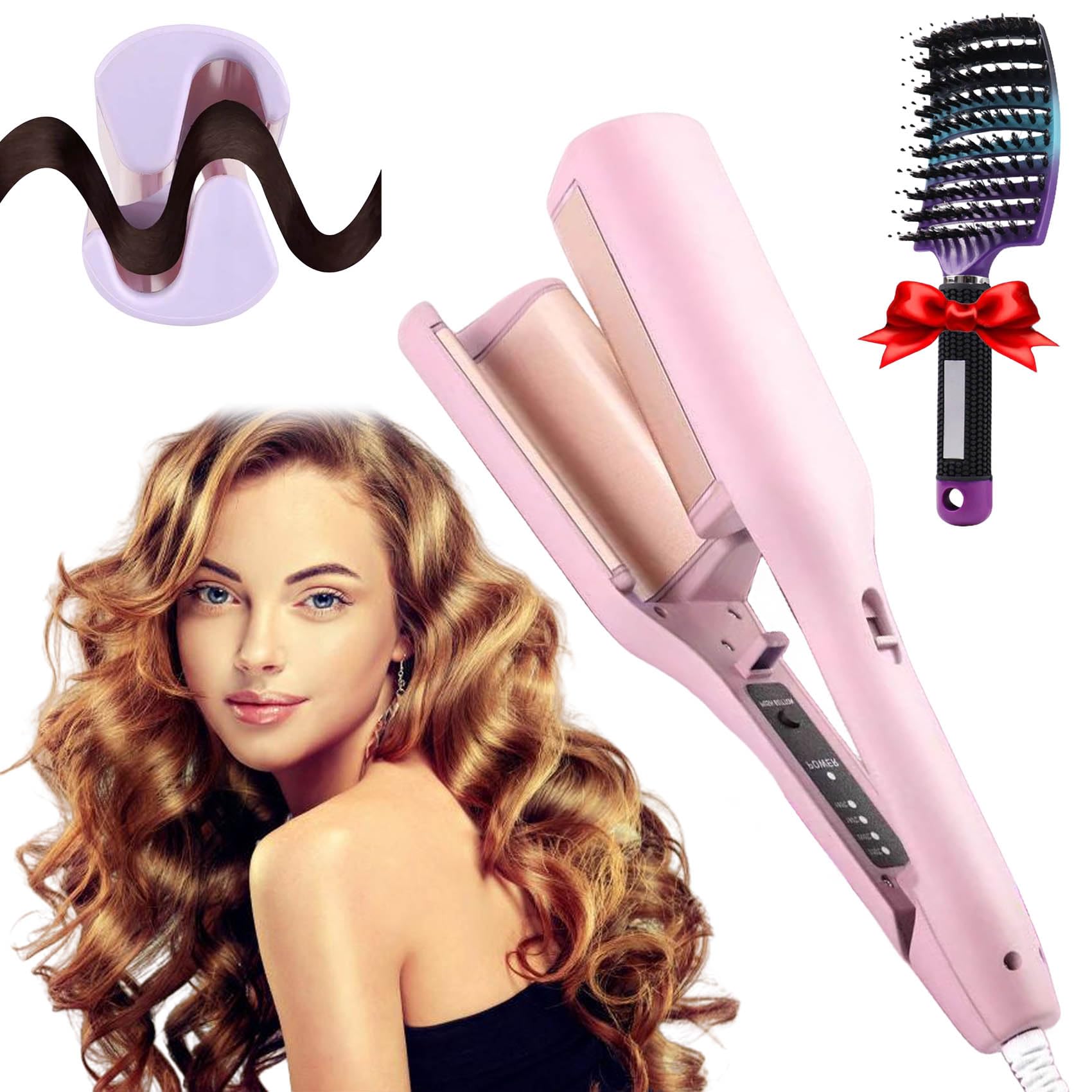 Curling Iron, 32mm Adjustable Temperature, Rommantic French Egg Roll, V-Shape Ceramic Big Waves Hair Crimper, Pink