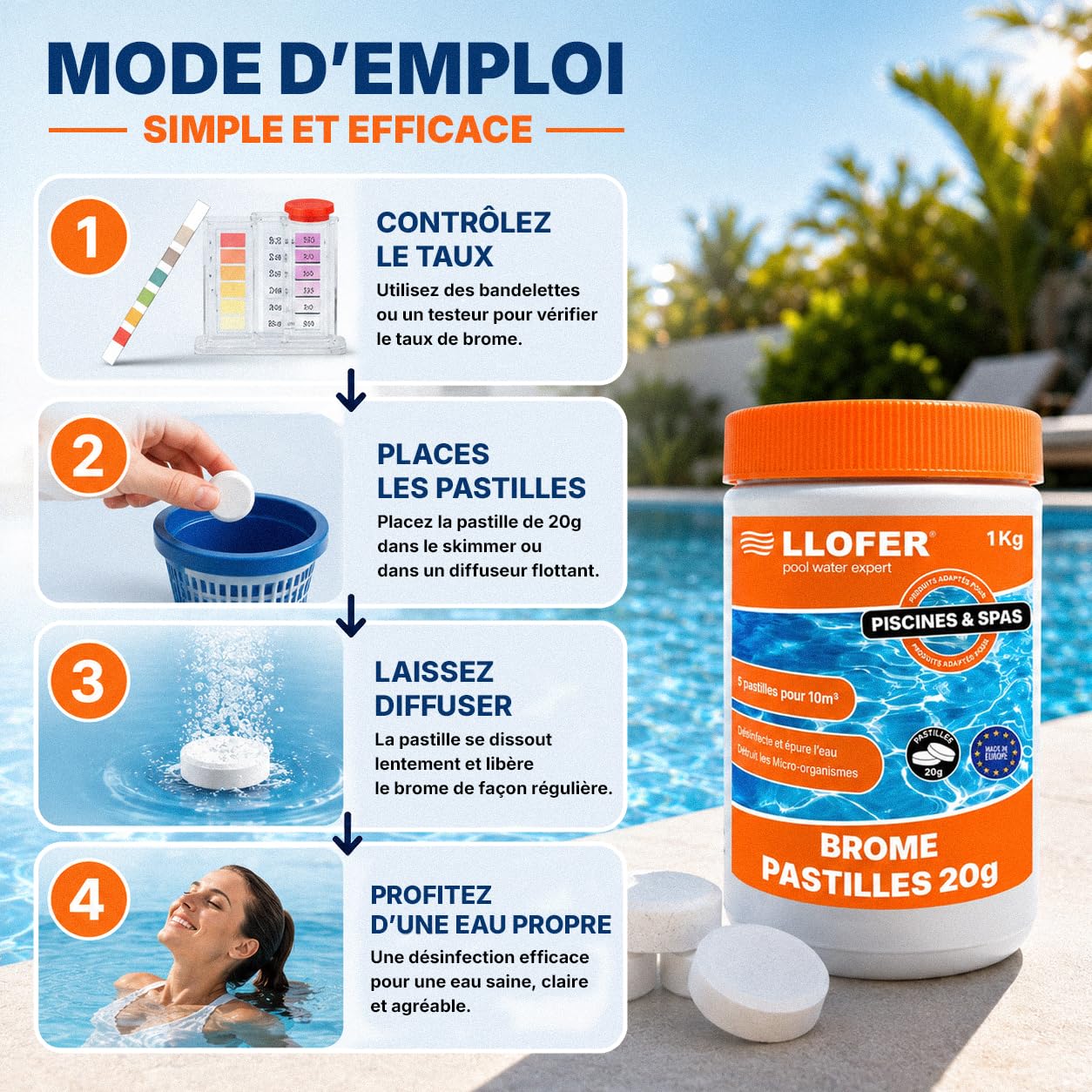 1kg Pastilles de Brome 20g - Dissolution Lente & Traitement Longue durée - Désinfection sans Odeur de Chlore - Aussi Efficace Que Le Chlore - Haute tolérance au pH - Brome Piscine