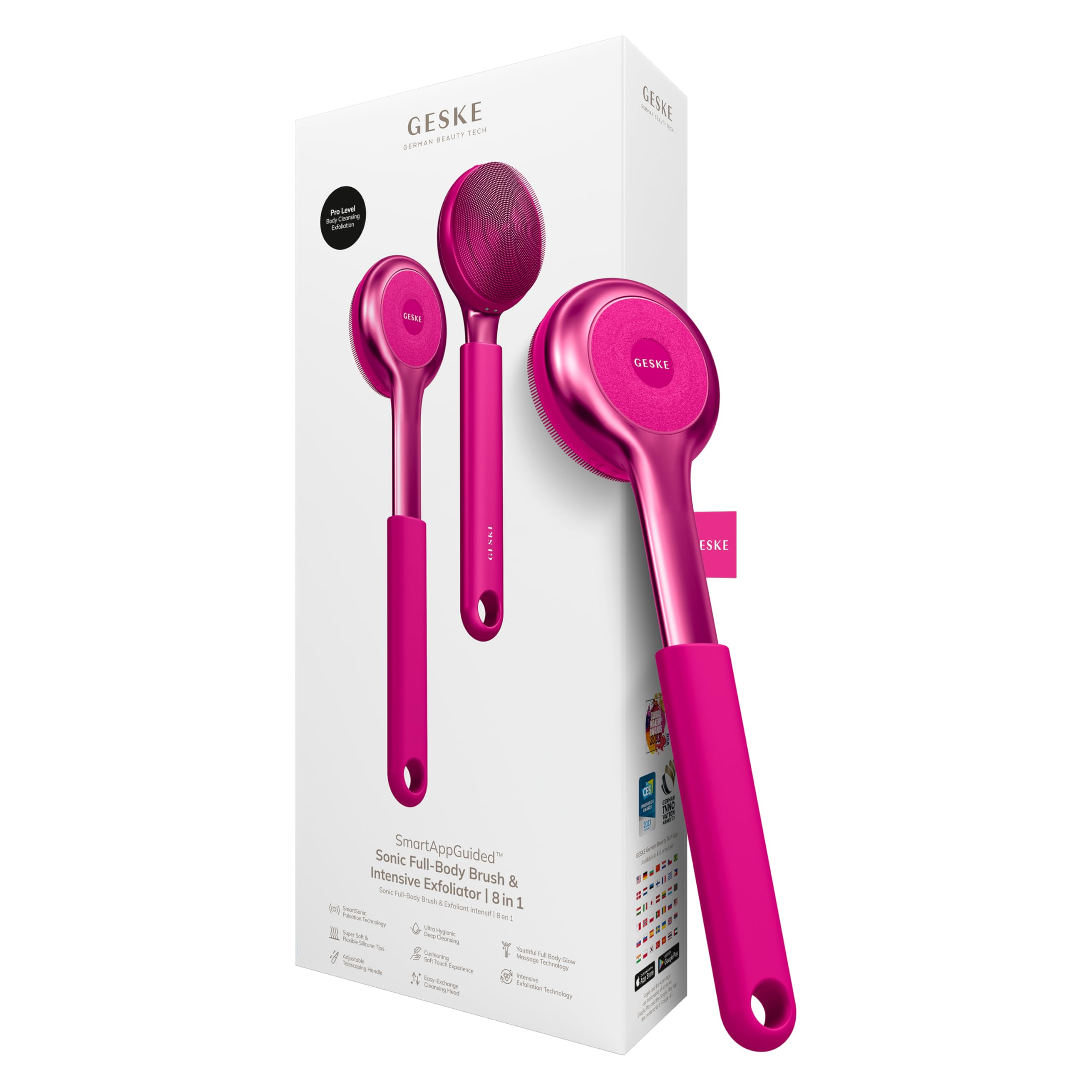 GESKE Sonic Full-Body Brush & Intensive Exfoliator | 8 in 1 | Elektrische Körperreinigungsbürste & Intensivpeeling | Tiefenreinigung | SmartSonic Pulsations | Weiche Silikonnoppen & Peeling-Aufsatz