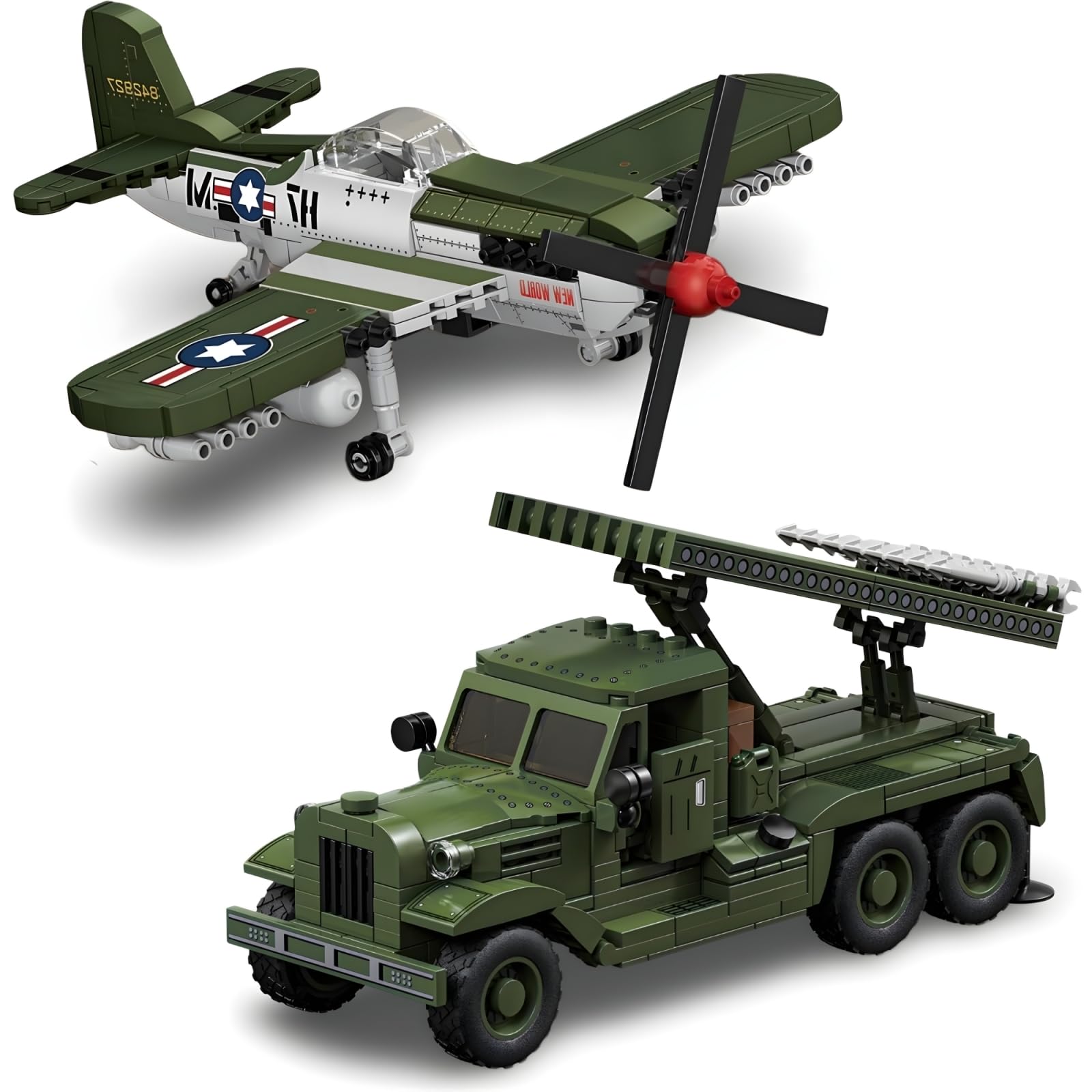 DRMNomogeny WW2 Military Building Blocks Set, P-51 Fighter & BM-13 Tank Building Block Kit, Military Vehicle & Fighter Blocks Model Toy for Home Office Decor, Idea Gift for Adults (990+ PCS)