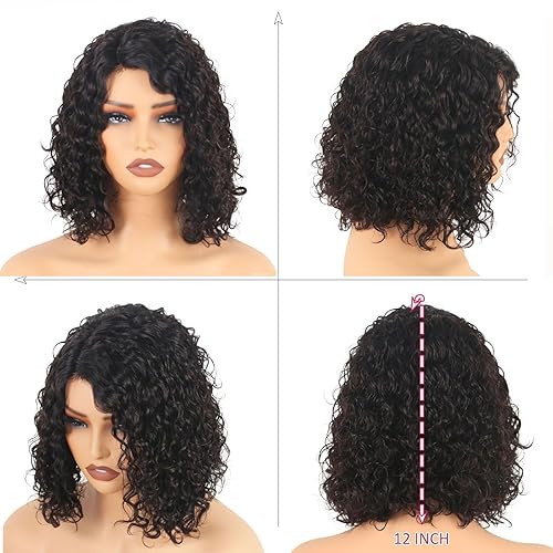 Miniatura 5 de Pelucas de cabello humano corto y rizado para mujeres negras, peluca rizada profunda, sin pegamento, parte lateral, encaje frontal, 100% cabello
