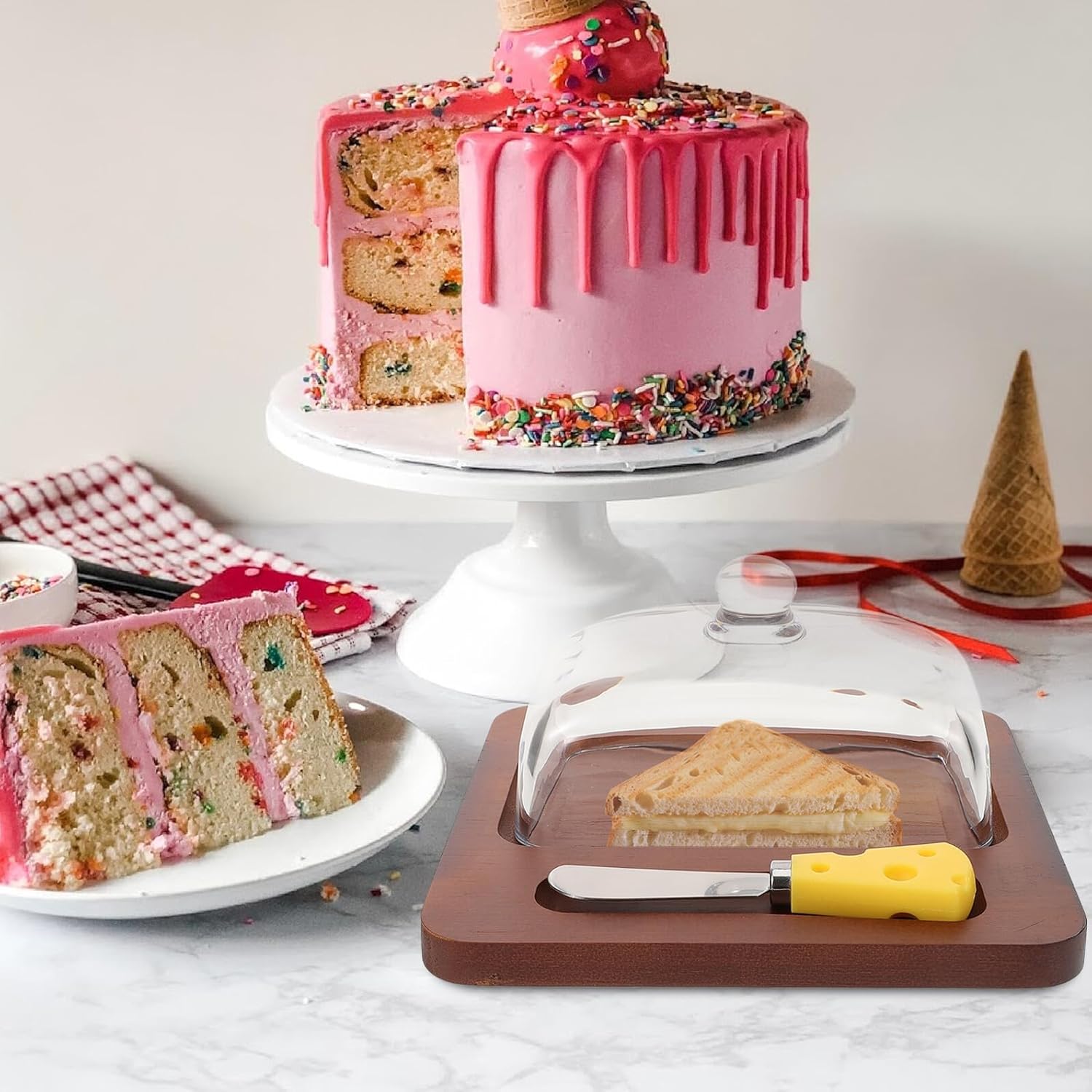 Uonlytech Wood Butter Dish with Glass Dome and Metal Cutter Square Clear Butter Holder for Kitchen Countertop with Lid Elegant Nordic Style for Restaurant and Home Use