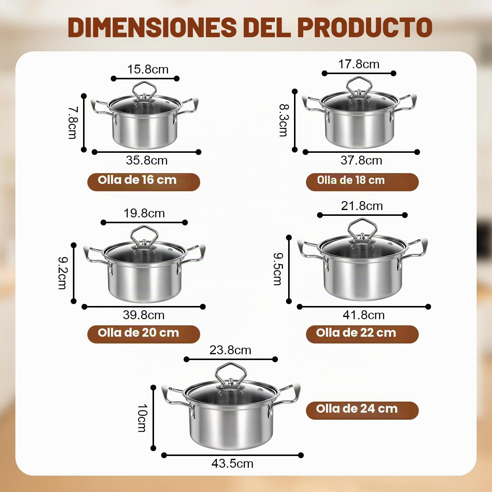 Bateria de Cocina Induccion, Juego de Ollas Inducción 10 Piezas, Set de Ollas de Acero Inoxidable con Tapas de Vidrio y Cazo, Aptas para Todo Tipo de Cocinas, Sin Recubrimiento