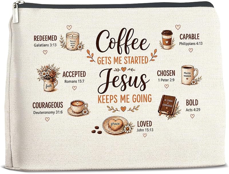 Necessaire YeleY com estampa de café e design cristão, modelo ME0118