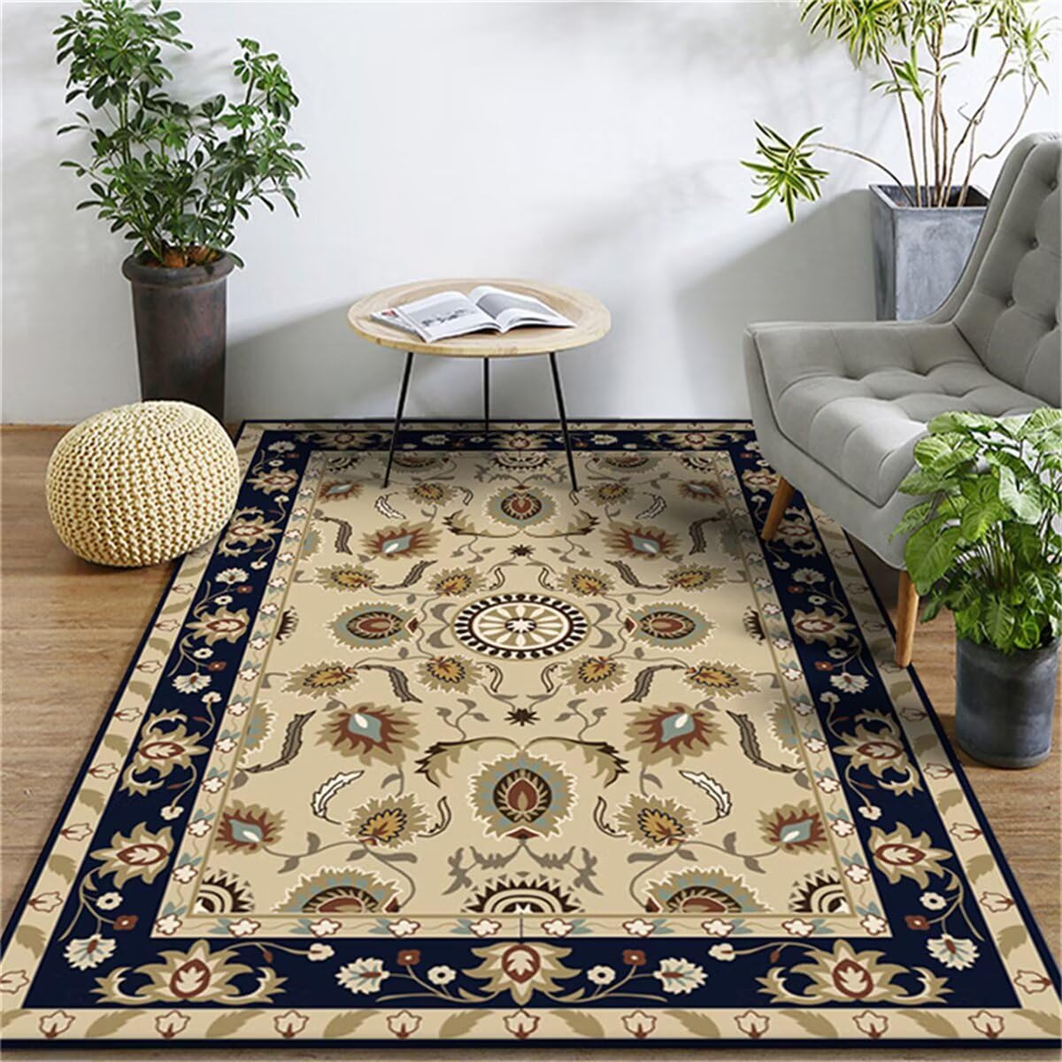 Tapis motif floral vintage bleu 160x230cm grand format pour couloir