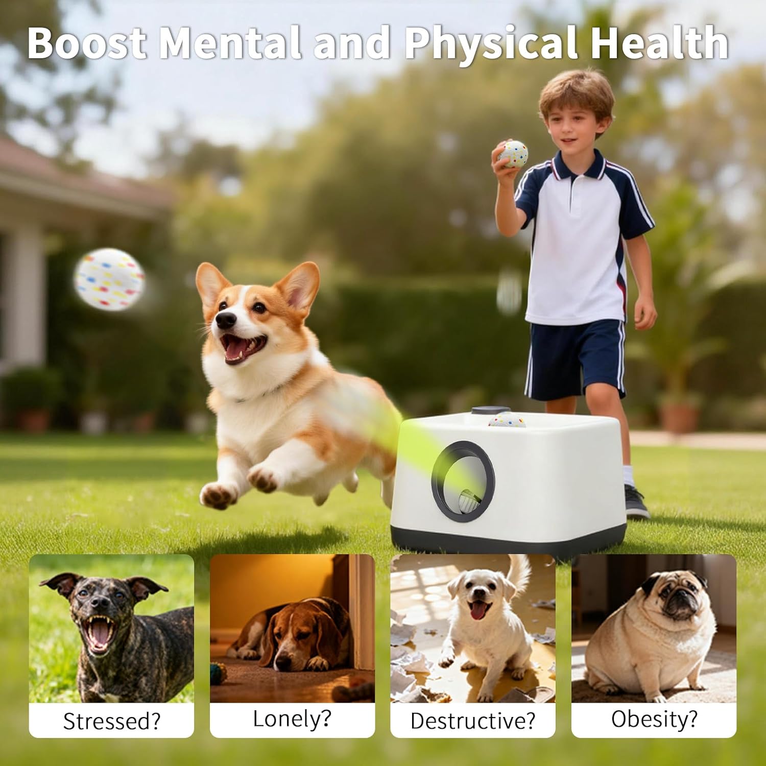 Automatic Dog Ball Launcher with Barking Function, Dual Modes (Auto/Manual) Interactive Dog Fetch Toy with 4 Adjustable Distances, Dog Balls Thrower for Small & Medium Dogs, with 4 Durable ETPU Balls