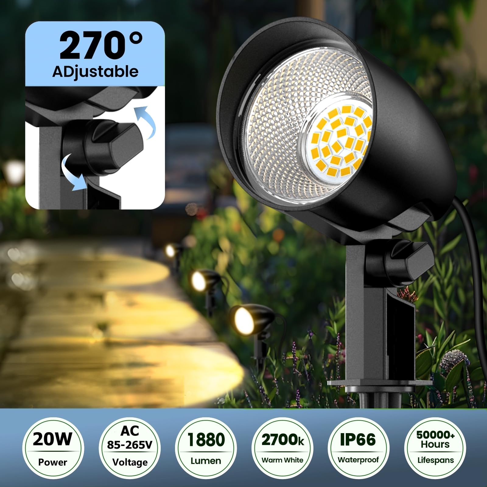 Linke Focos Proyector LED Jardín 20W 85~265V/CA Potente 2000LM Blanca Cálida 2700K Impermeable IP66 Foco con Pincho Luz de Paisaje para Jardin Planta Césped Terraza Camino