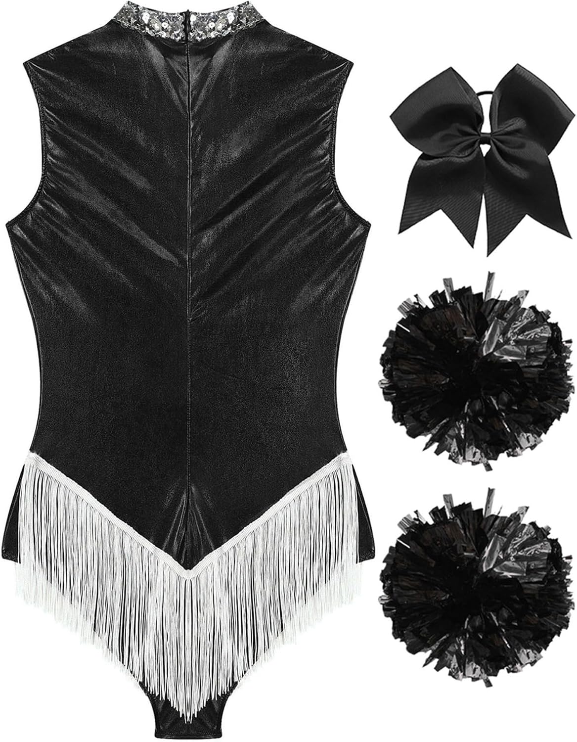 FEESHOW Women Metallic Sleeveless Tassel Bodysuit Cheerleading Uniform Outfits Cheer Leader Outfits