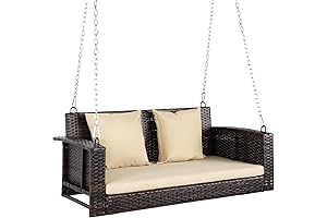 VINGLI Heavy Duty 800 LBS Wicker Hanging Porch Swing with Cushions & Chains