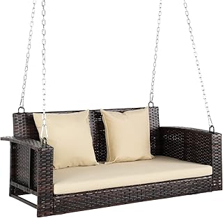 VINGLI Heavy Duty 800 LBS Wicker Hanging Porch Swing with Cushions & Cha...