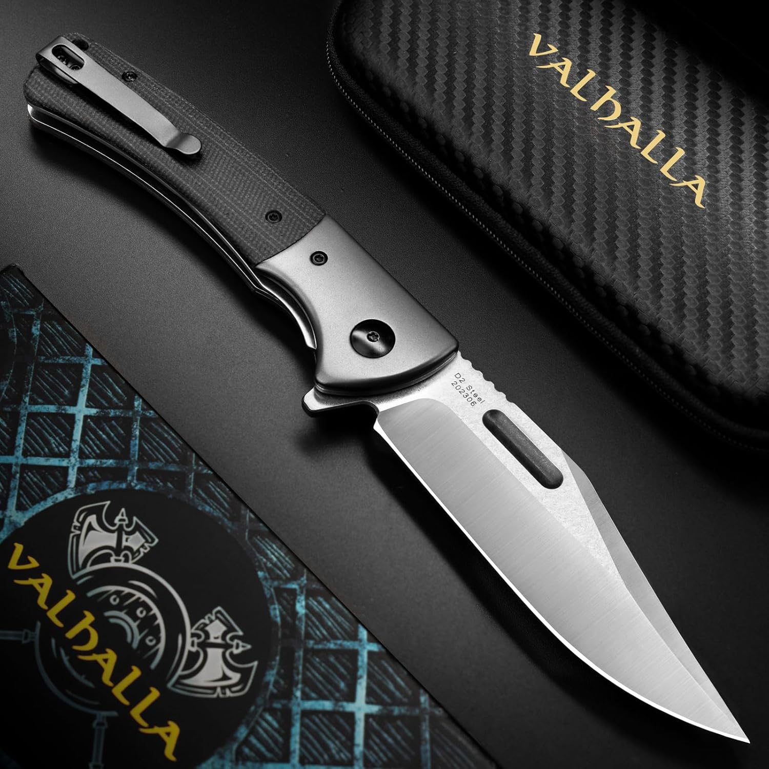 VALHALLA PTEROSAUR Pocket Knife, 3.9'' D2 Steel Folding Knife with Micarta Handle, Pocket Knife for Men, Cool Knives, Hunting Knife for Men (BLACK)