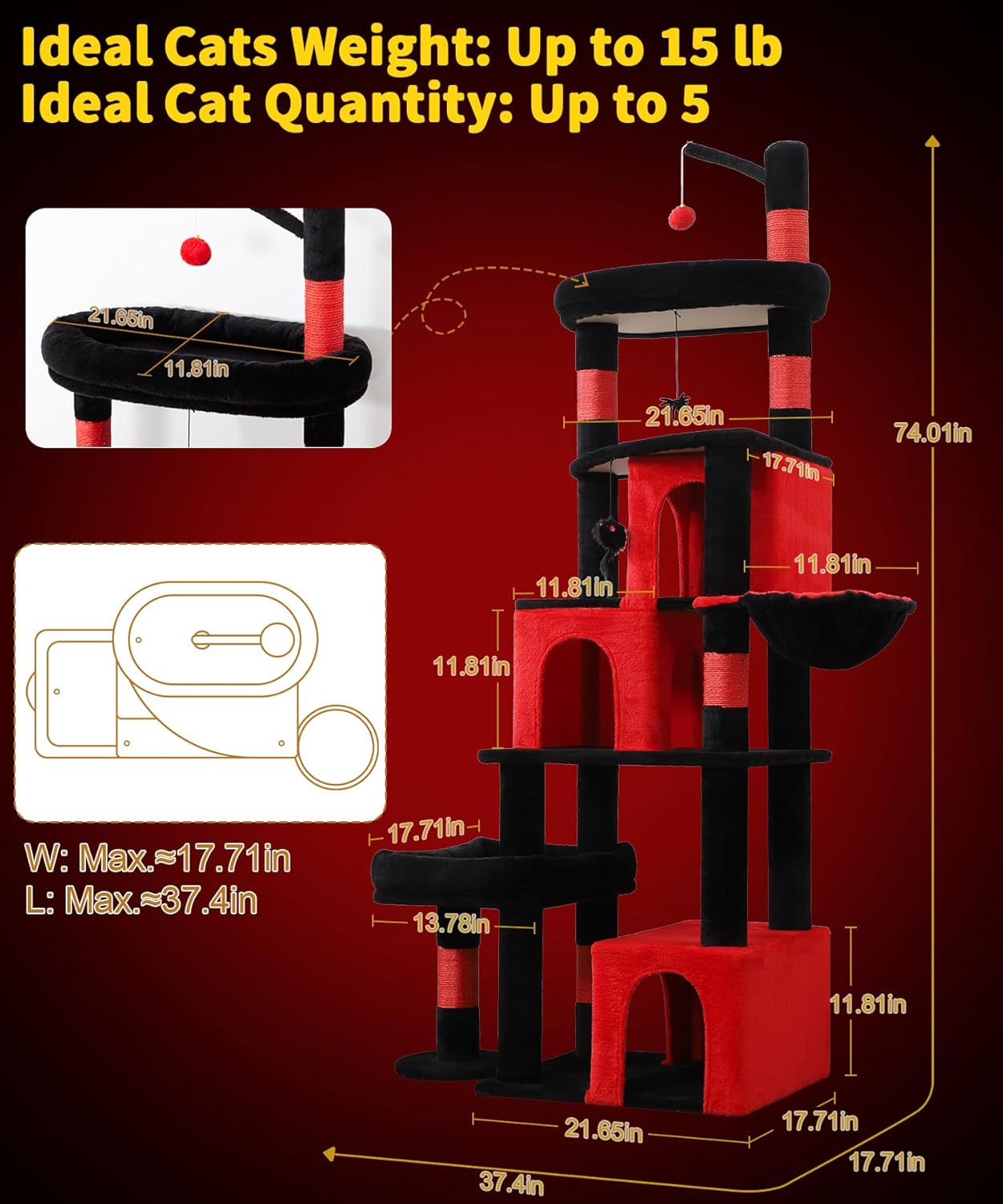 Heavy Duty Cat Tree for Indoor Cat, 74 Inch Cat Tower with Scratching Post, Hanging Basket, Cat Condo with Large Platform for Large Cats, PMT04RD, Black Red