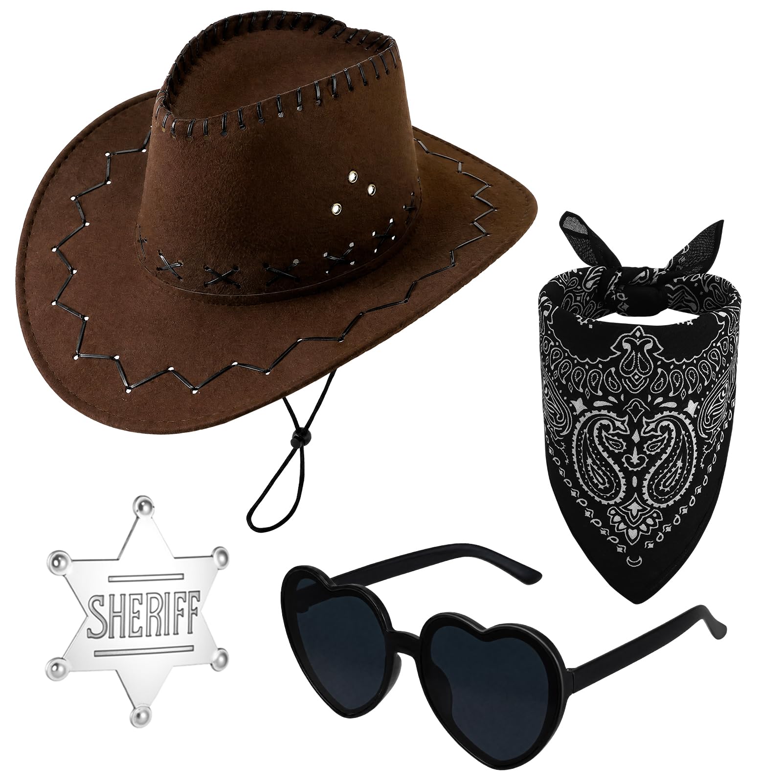 4 Pcs Cowboy Hat Fancy Dress Accessory, Unisex Cowboy Cowgirl Costume Set with Western Bandanna Glasses and Badge, Texan Costume Accessories for Adult Women Men Halloween Party Cosplay- Brown