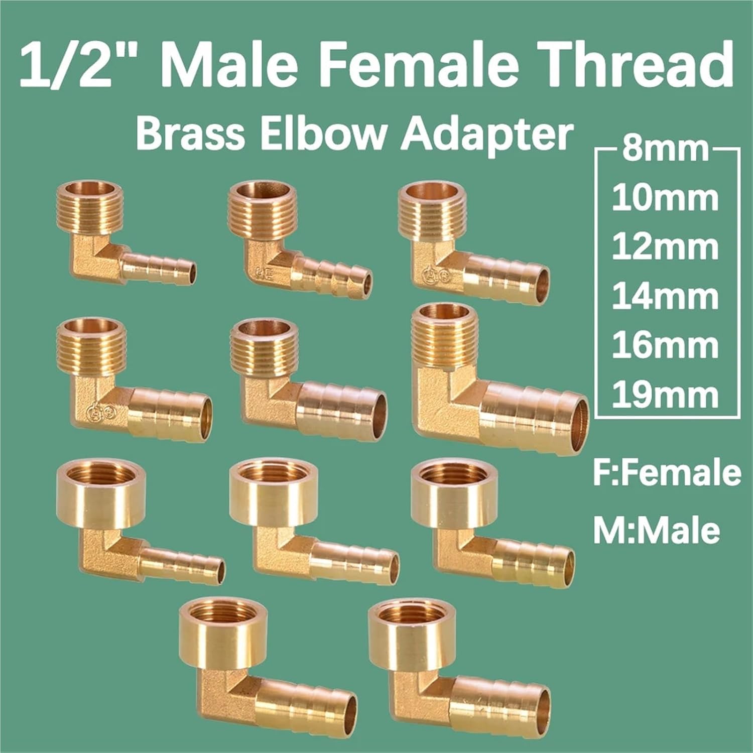 1PCS 8-19mm 1/2" Female x Male Thread Brass Elbow Hose Adapter Quick Connector Connect(B-10mm)
