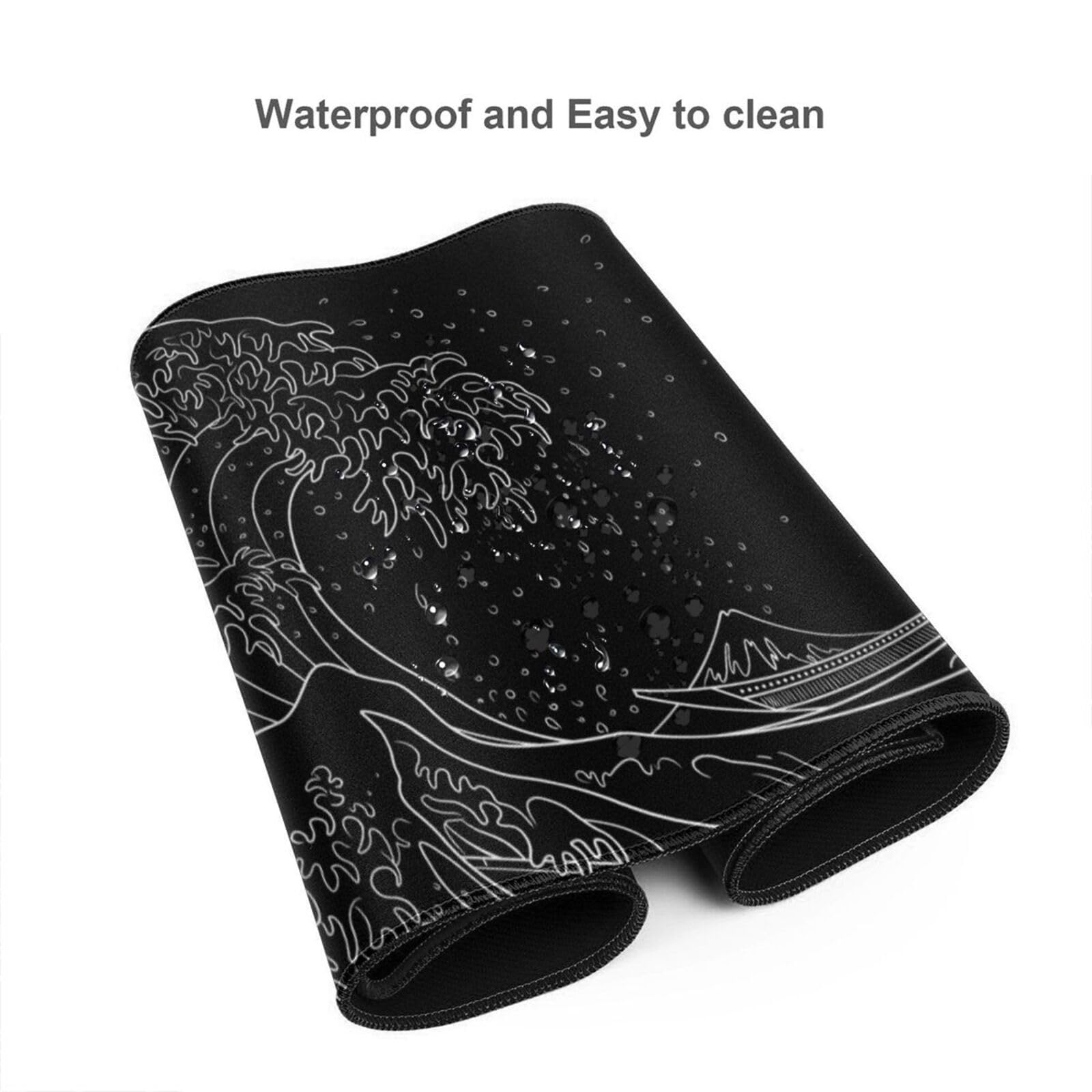 Tappetino per mouse extra large 122 x 61 cm, motivo onde marine giapponesi, tappetino da scrivania impermeabile | Tappetino per mouse con base in gomma antiscivolo con bordi cuciti per lavoro, gioco, ufficio, casa (nero, XXXXL)