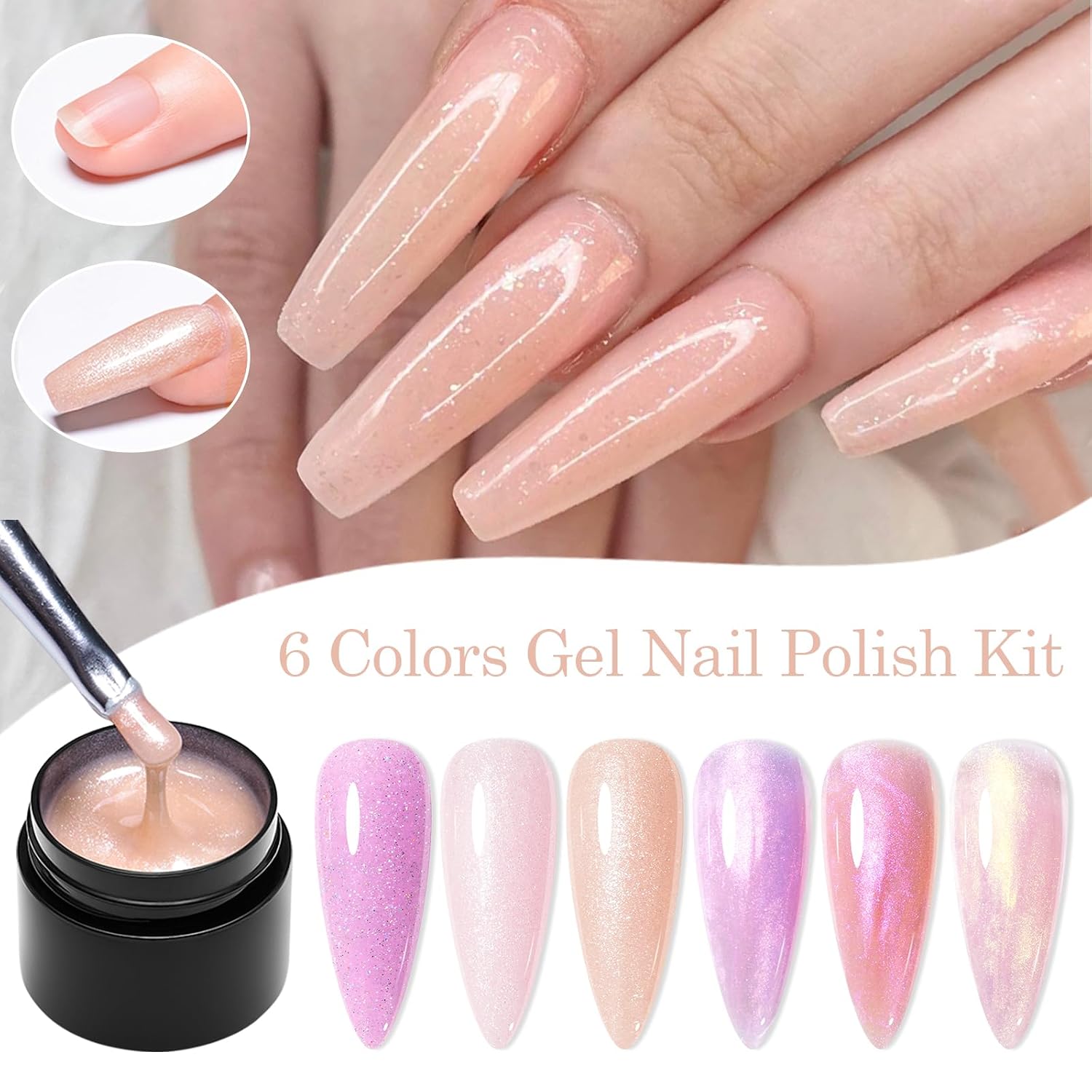 MEET ACROSS Nail Extension Gel 6 Colors Builder Nail Gel with 1 Brush, Glitter Builder Enhancement Quick Building Nail Enhancement Manicure Kit Nail Art Salon DIY at Home 8ml