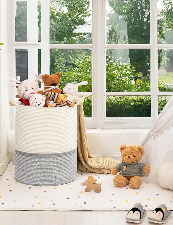 StorageWorks 72L Cotton Rope Laundry Basket with Wooden Beads Handles, Woven Basket for Storage, Dirty Clothes, Kids Toys, Towels, White & Grey by StorageWorks - Image 7
