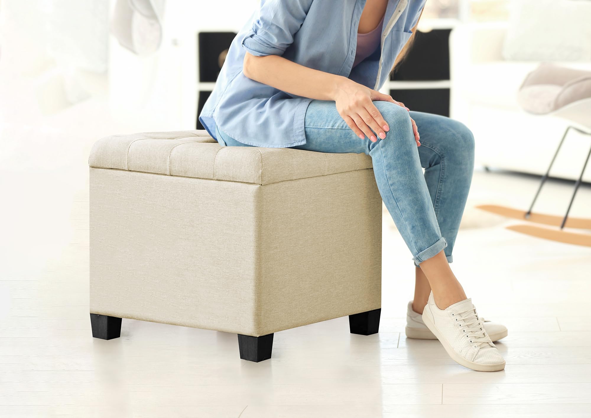 Pouf Poggiapiedi Cubico XXL Con Contenitore – 45x45x41 Cm, Imbottito In Tessuto Effetto Lino, Struttura In Legno, Portata 150 Kg, Blu