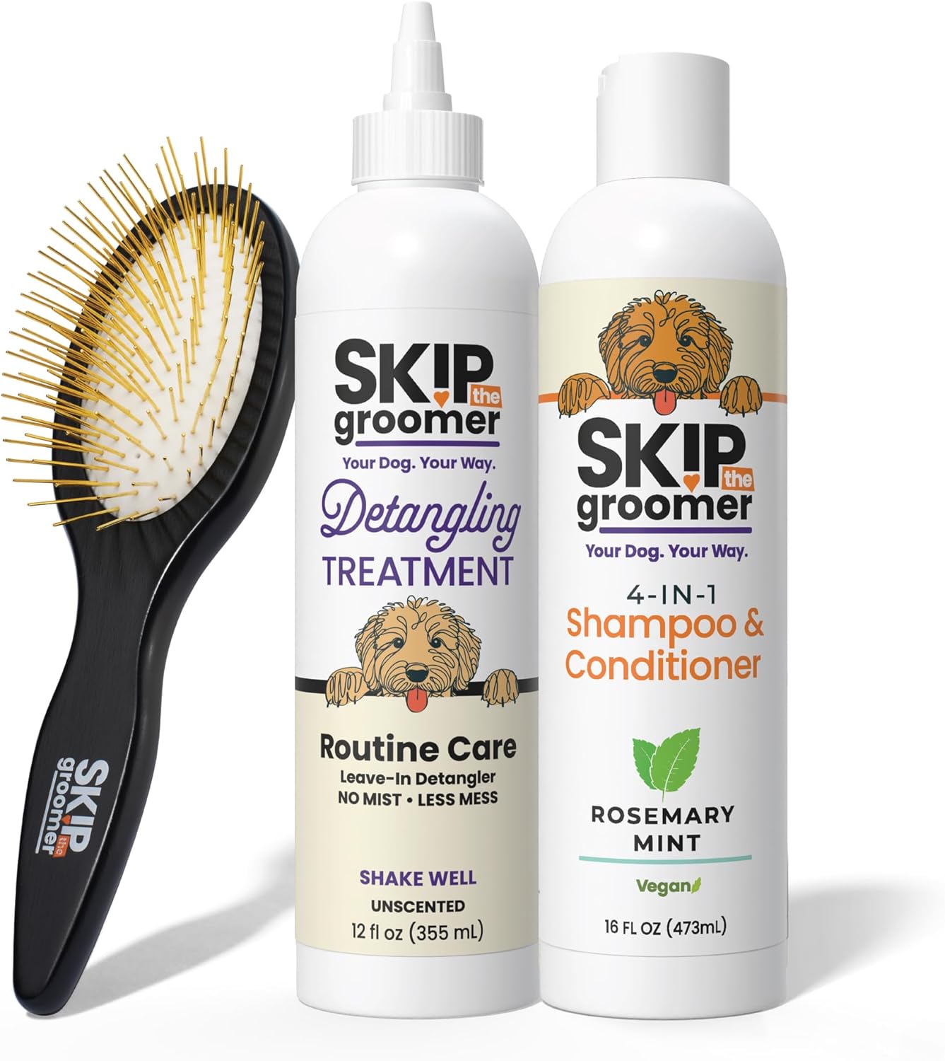 Easy Brush Days Bundle, 4-in-1 Rosemary Mint Shampoo & Conditioner + Pin Brush + Detangling Treatment for Dogs, Daily Maintenance System for Doodles, Poodles & Curly Coats