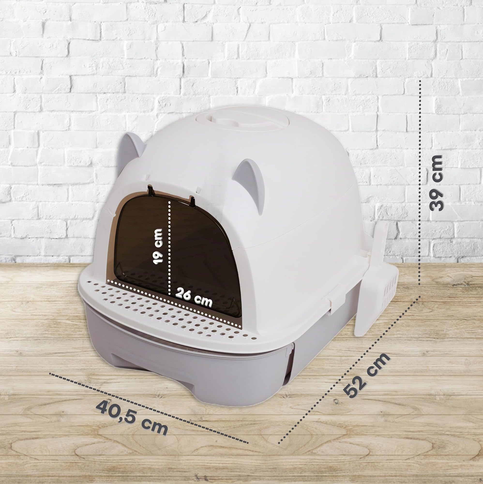 Arenero para Gatos Cubierto Caja de Arena Cerrado con Tapa Removible Bandeja Extraíble Filtro de Carbono Pala y Plataforma Antirastros 52x39x40,5 cm Blanco y Gris