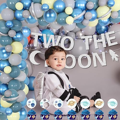 Miniatura 2 de 94 decoraciones de fiesta de segundo cumpleaños con temática espacial con dos carteles de la luna, globos de aluminio de luna plateada y estrellas,