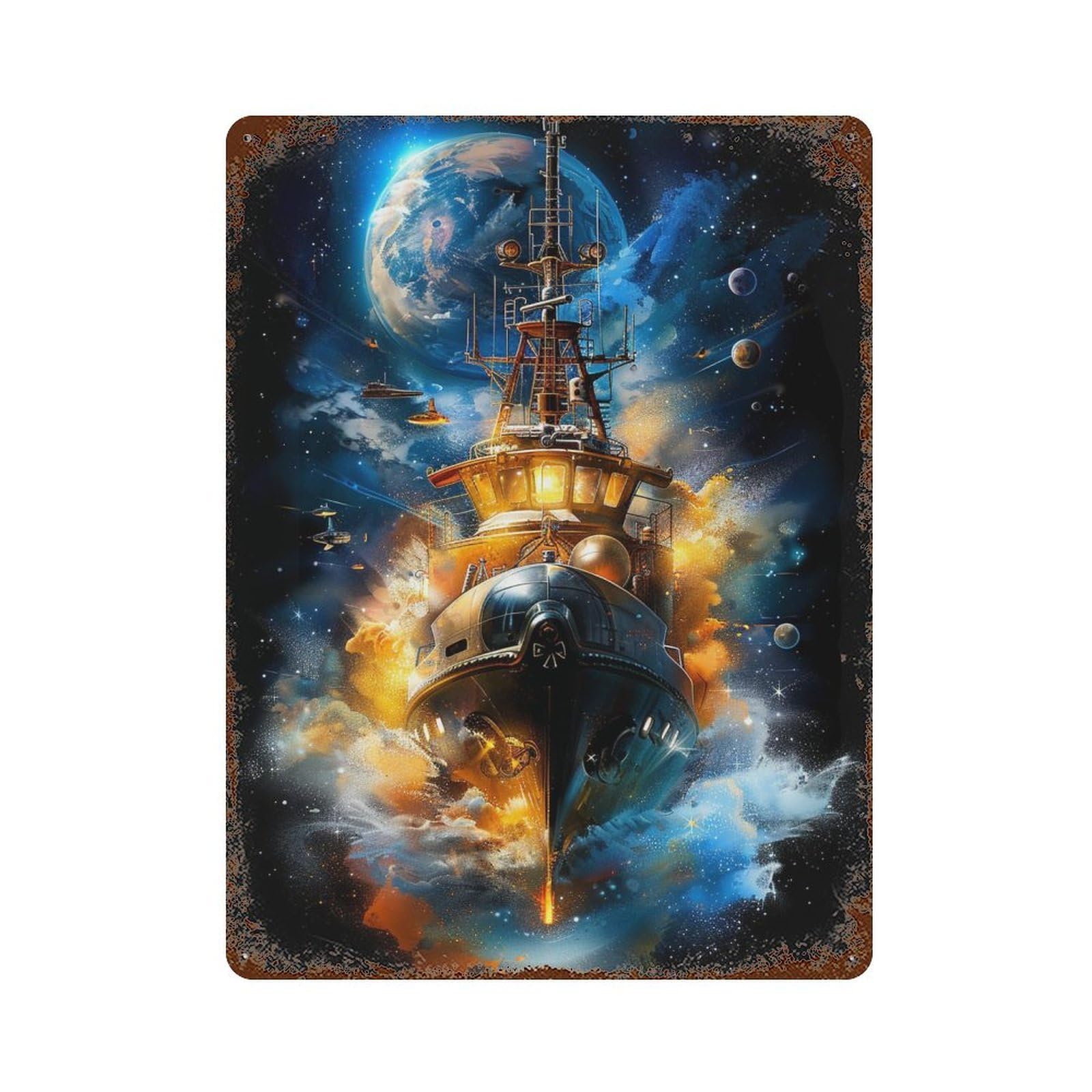 Rust Effect Space Odyssey Ship Vintage Metal Tin Sign 15.7"x11.8", Farmhouse Wall Decor for Garage, Bar And Workshop Decor